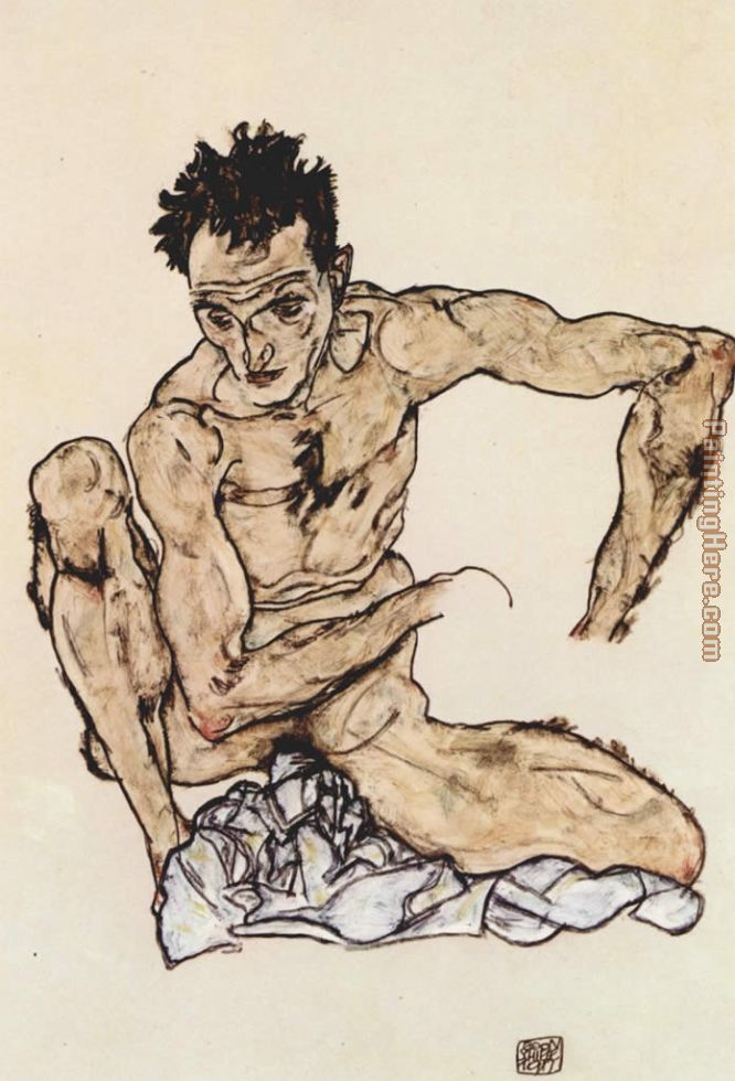 Squatting male act selfportrait painting - Egon Schiele Squatting male act selfportrait art painting